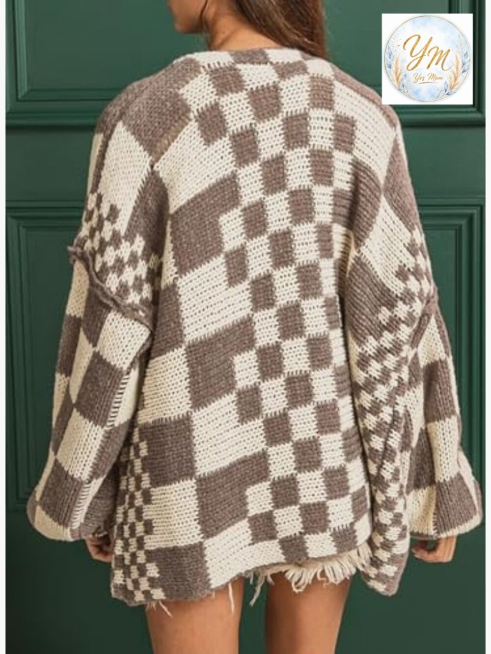 Vintage Open Front Chunky Knit Plaid Long Sleeve Cardigan - Picture 2 of 7